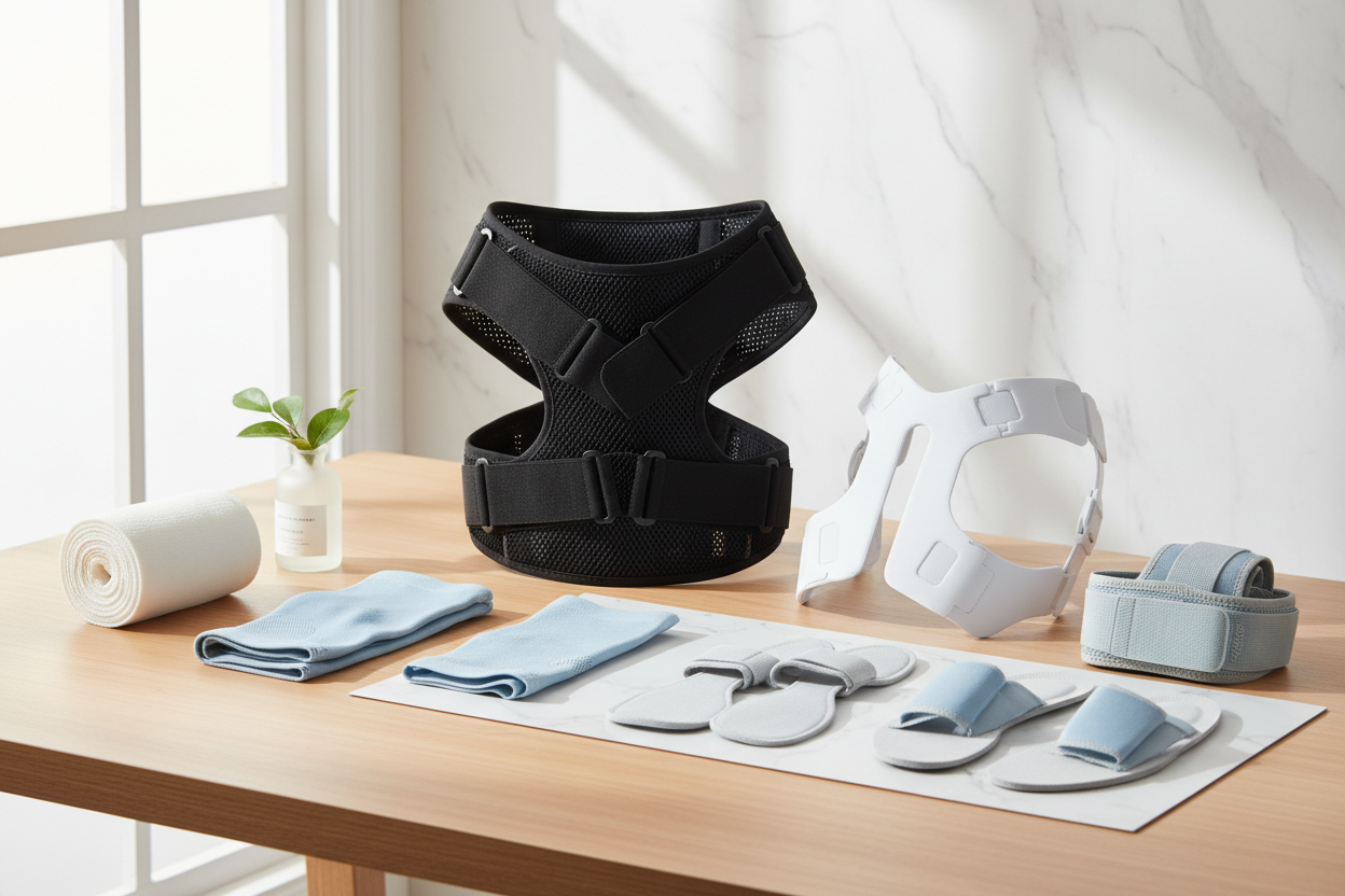 Hintergrundbild mit Rückenorthese und Kniebandage